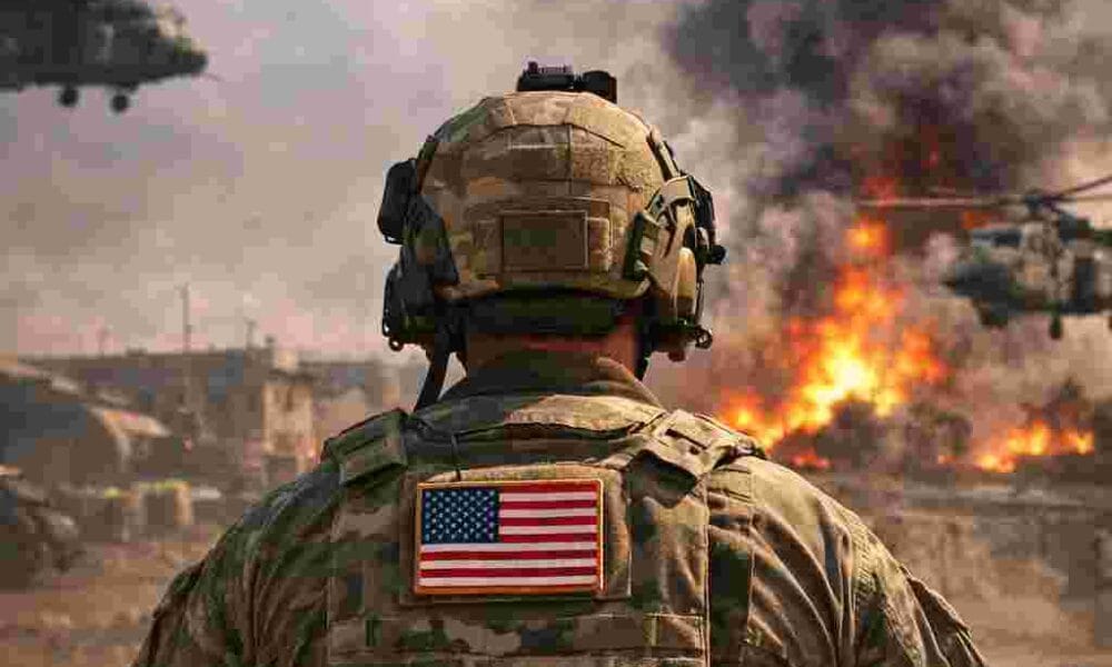 AI generated illustrations Of Seventh U.S. service member killed in Iran war – American soldier overlooking Middle East battlefield with helicopters and military base