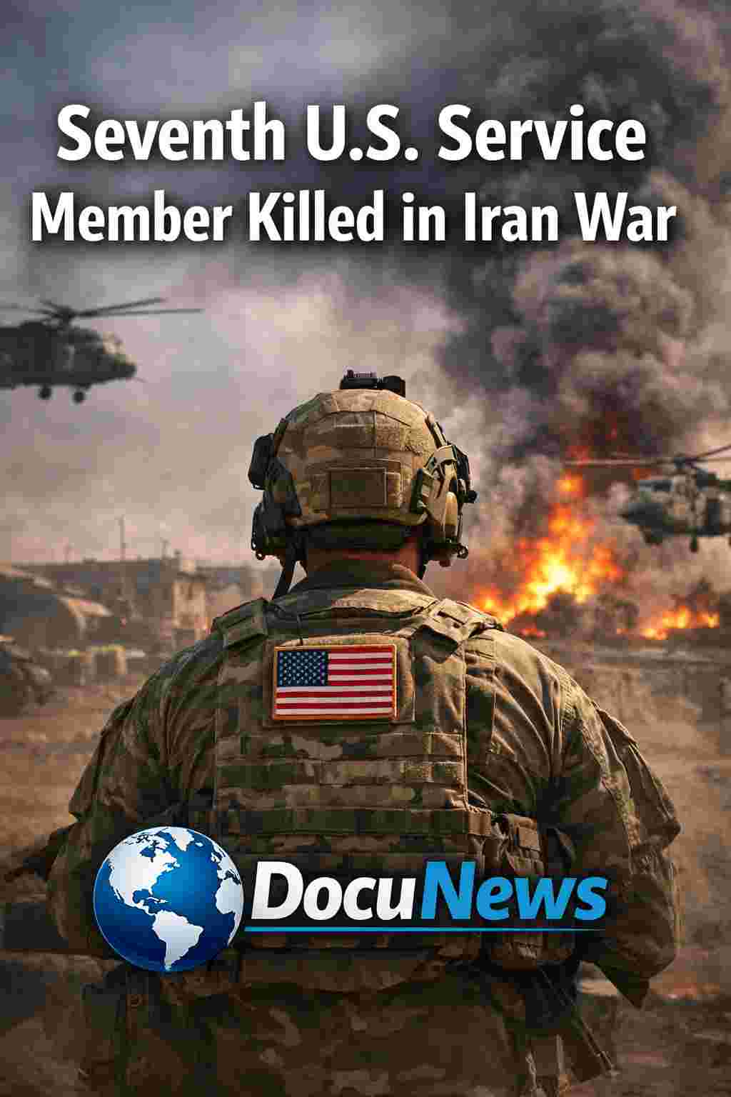 AI generated illustrations Of Seventh U.S. service member killed in Iran war – American soldier overlooking Middle East battlefield with helicopters and military base