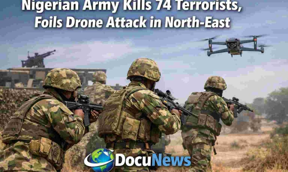 AI generated illustrations Of Nigerian Army Kills 74 Terrorists, Foils Drone Attack in North-East. By DocuNews Central