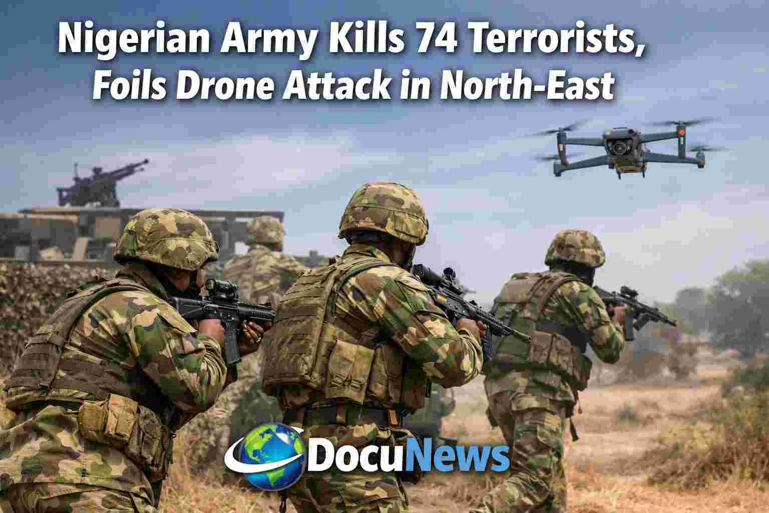 AI generated illustrations Of Nigerian Army Kills 74 Terrorists, Foils Drone Attack in North-East. By DocuNews Central
